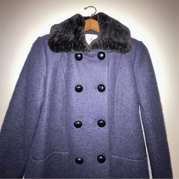 Zara navy blue double breasted peacoat detachable faux fur collar medium - Picture 4 of 9